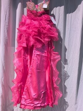 Jonathan Kayne 300 Pink Crystal Ruffle High Low Prom Pageant Gown Size 6